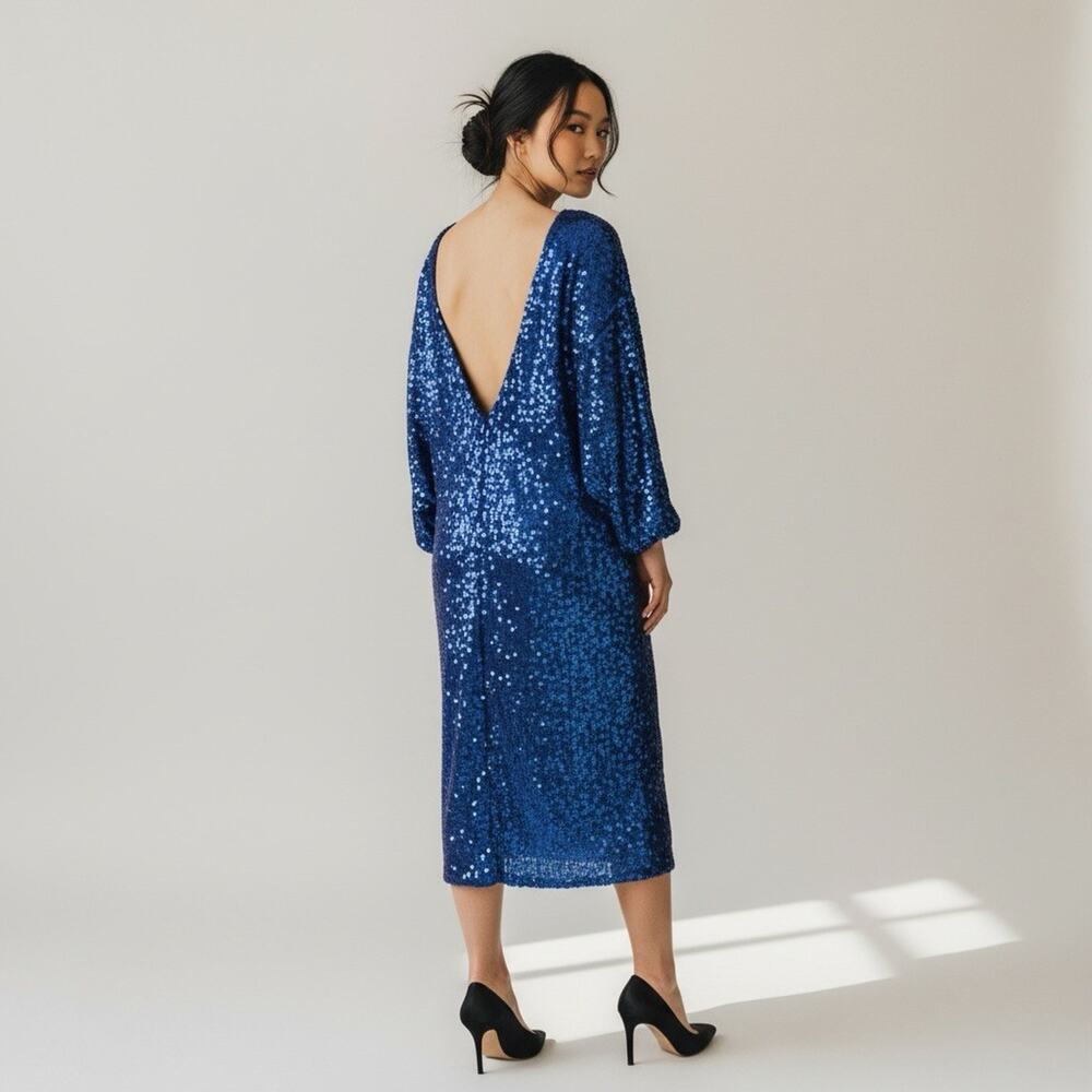 Vintage Oleg Cassini Blue Sequin Backless Cocktail Dress 6 Long Sleeve Festive